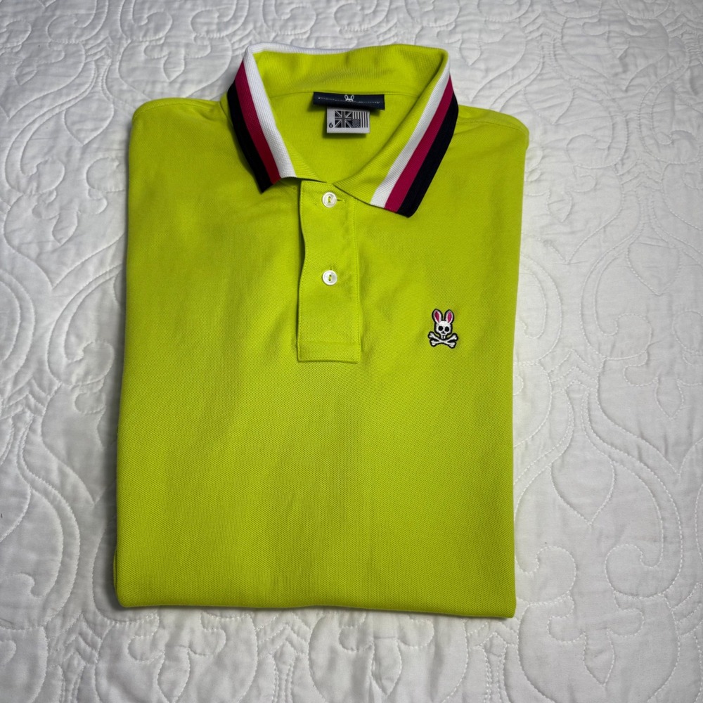 Psycho Bunny Lime Green 100% Pima Cotton Preppy Golf Polo Shirt Size 6 Large EUC
